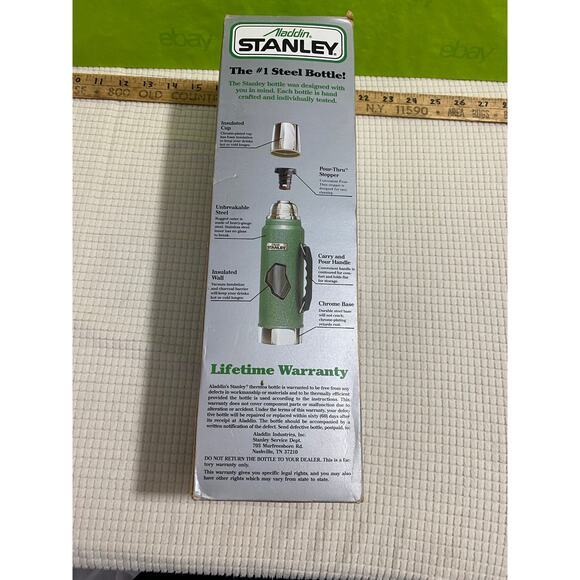 Org Box vtg Aladdin Stanley No. A-944DH Green & Silver Thermos steel bottle "CJ" - Picture 16 of 16